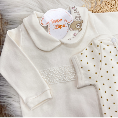 Conj. de Malha 3 peças - Ursa Bebê - Off White e Dourado
